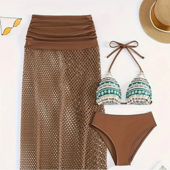 NWOT Trendy Tribal Print Halter Bikini Set - High Cut Hollow Out 3-Piece |Size L - Picture 7 of 13